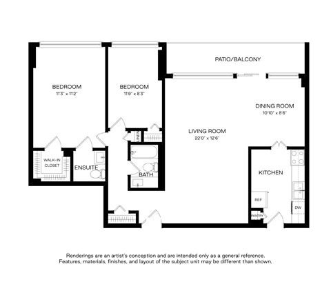 A black and white floor plan of a house with two bedrooms, a living room, a dining room, a kitchen, a bath, an en suite, and a walk-in closet.